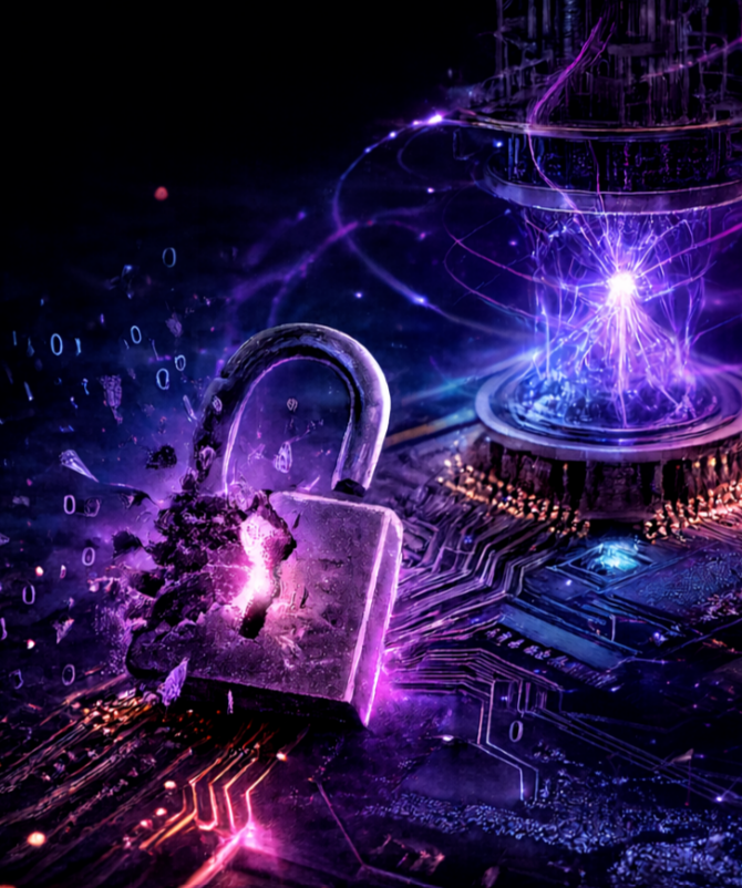 A digital rendering of an adversarial quantum bit (qubit) breaking a lock