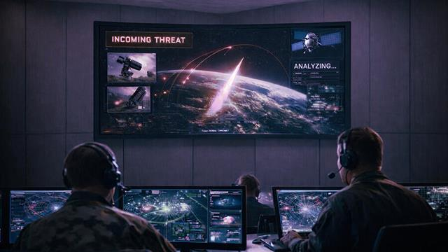 Command center personnel looking at a screen showing missile in flight