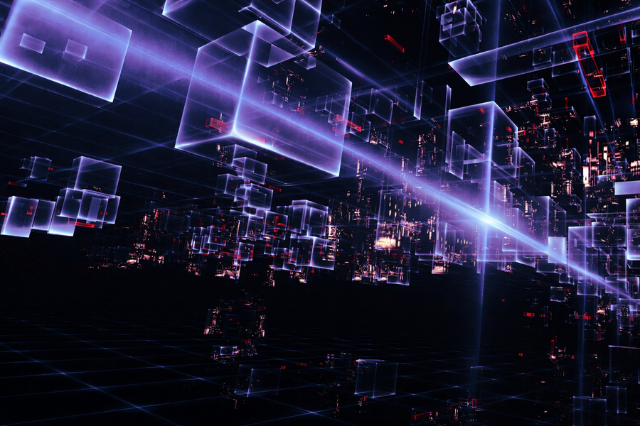 A futuristic digital scene shows glowing transparent cubes floating in a dark grid space, intersected by beams of light. The composition suggests data flow or a virtual network environment.