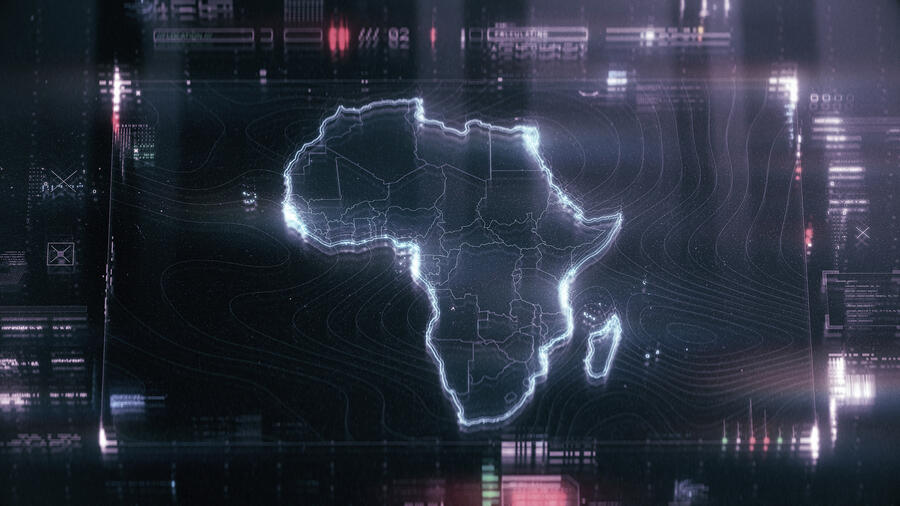 A glowing digital map of Africa with country borders highlighted, overlaid with futuristic data and interface graphics.