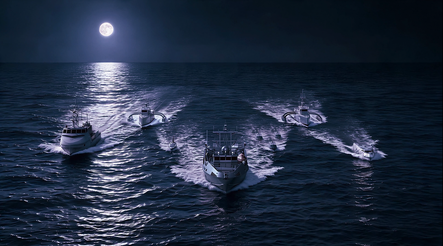 A fleet of boats moving in formation across the ocean at night under a bright full moon, with waves reflecting the moonlight.
