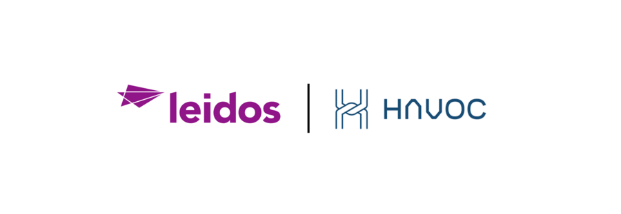 Leidos logo and wordmark in mid ultraviolet and Havoc AI logo and wordmark in medium blue