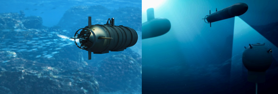Renderings of Leidos' Sea Dart doing ocean floor surveying and mine countermeasures, respectively