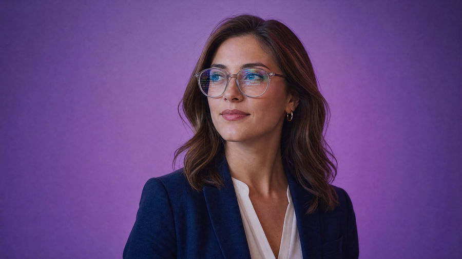 A woman has code reflected in her glasses