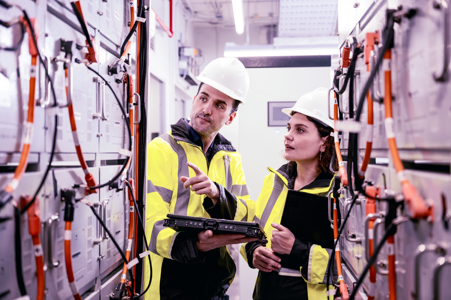 Two engineers monitor an industrial facility energy usage