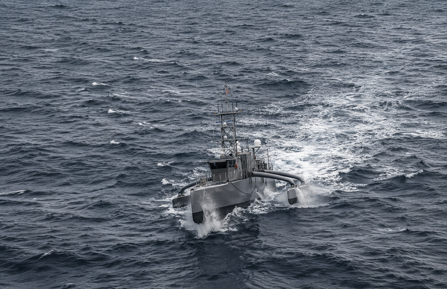 The autonomous vessel Seahawk is pictured underway in the ocean.
