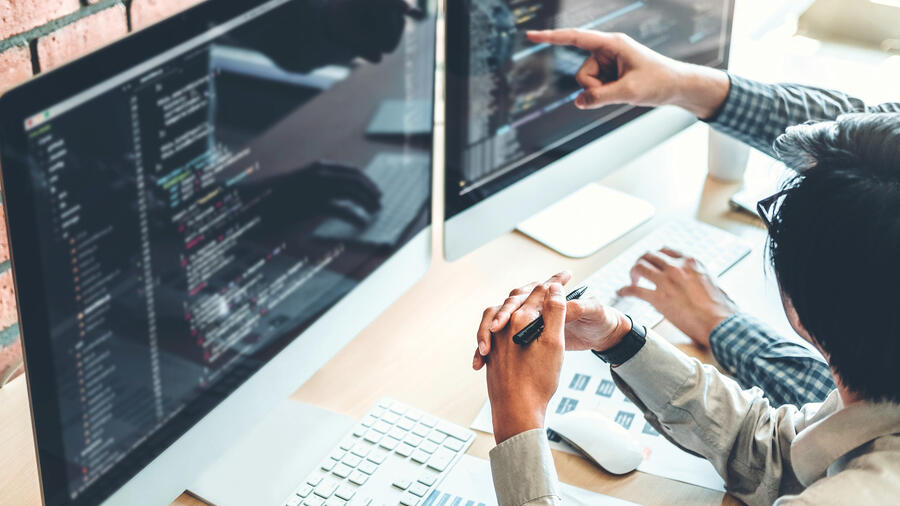 Professionals pointing at a computer monitor