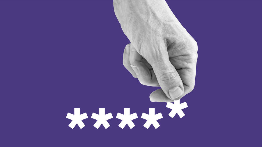 Black-and-white hand places a white asterisk alongside four others, resembling a password, against a purple background.
