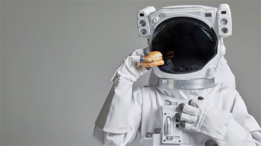 An astronaut wearing a pressurized space suit holding a sandwich
