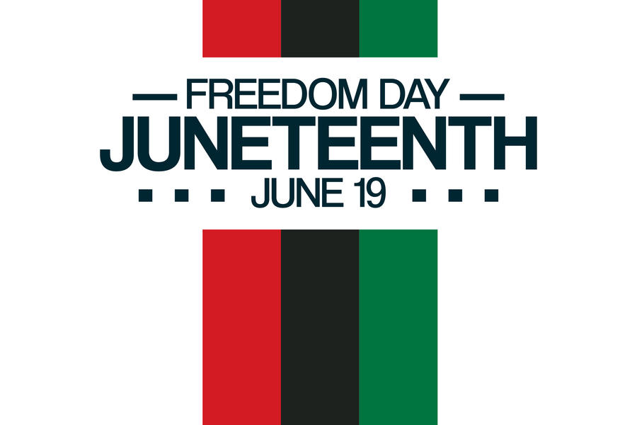 red, black, and green stripes with text "Freedom Day: Juneteenth, June 19"