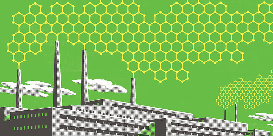 Illustration of coal factory dispersing graphene