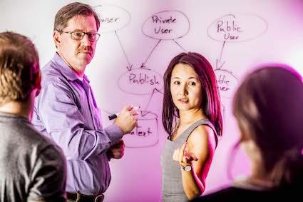 Leidos Australia colleagues work at a whiteboard