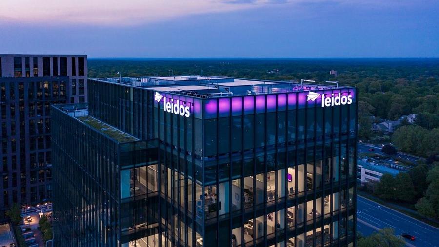 An aerial photograph of Leidos Global Headquarters at dusk