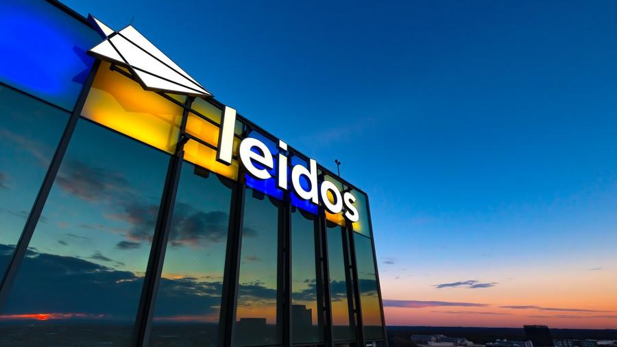 Leidos Global Headquarters lit up in yellow and blue to show support to Ukraine