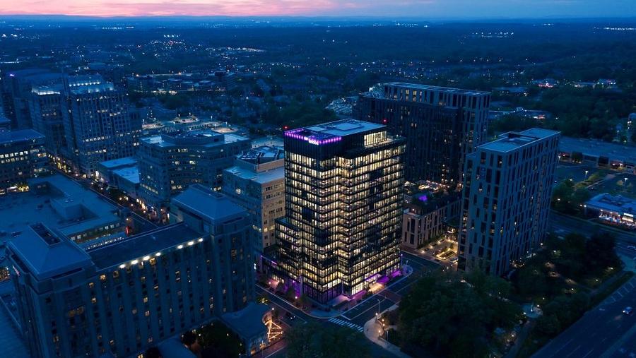 An aerial view of Leidos Global Headquarters at dusk