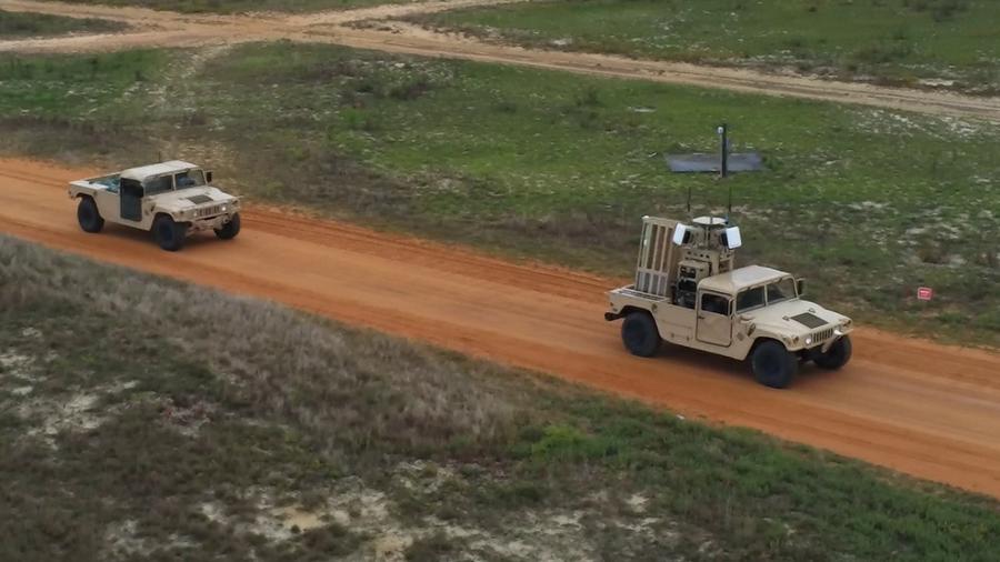 The Advanced Multilayered Mobile Force Protection (AM2FP) system, mounted on the leading high-mobility multipurpose wheeled vehicle (HMMWV) can autonomously protect the convoy’s high value assets (HVA) from small Unmanned Aircraft Systems (sUAS) threats – whether on the move or when stopped. (Photo: Leidos)