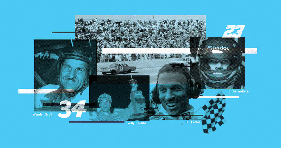 An illustration of Black NASCAR drivers throughout history, including Wendell Scott, Willy T. Ribbs, Bill Lester and Bubba Wallace.