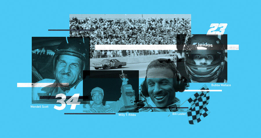 An illustration of Black NASCAR drivers throughout history, including Wendell Scott, Willy T. Ribbs, Bill Lester and Bubba Wallace.