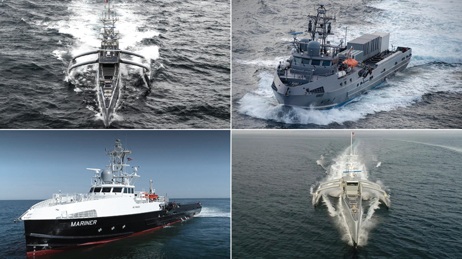 Unmanned surface vessels Seahawk, Ranger, Sea Hunter and Mariner