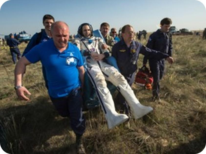 Astronauts return from space and begin post-flight biomedical baseline data collection the same day