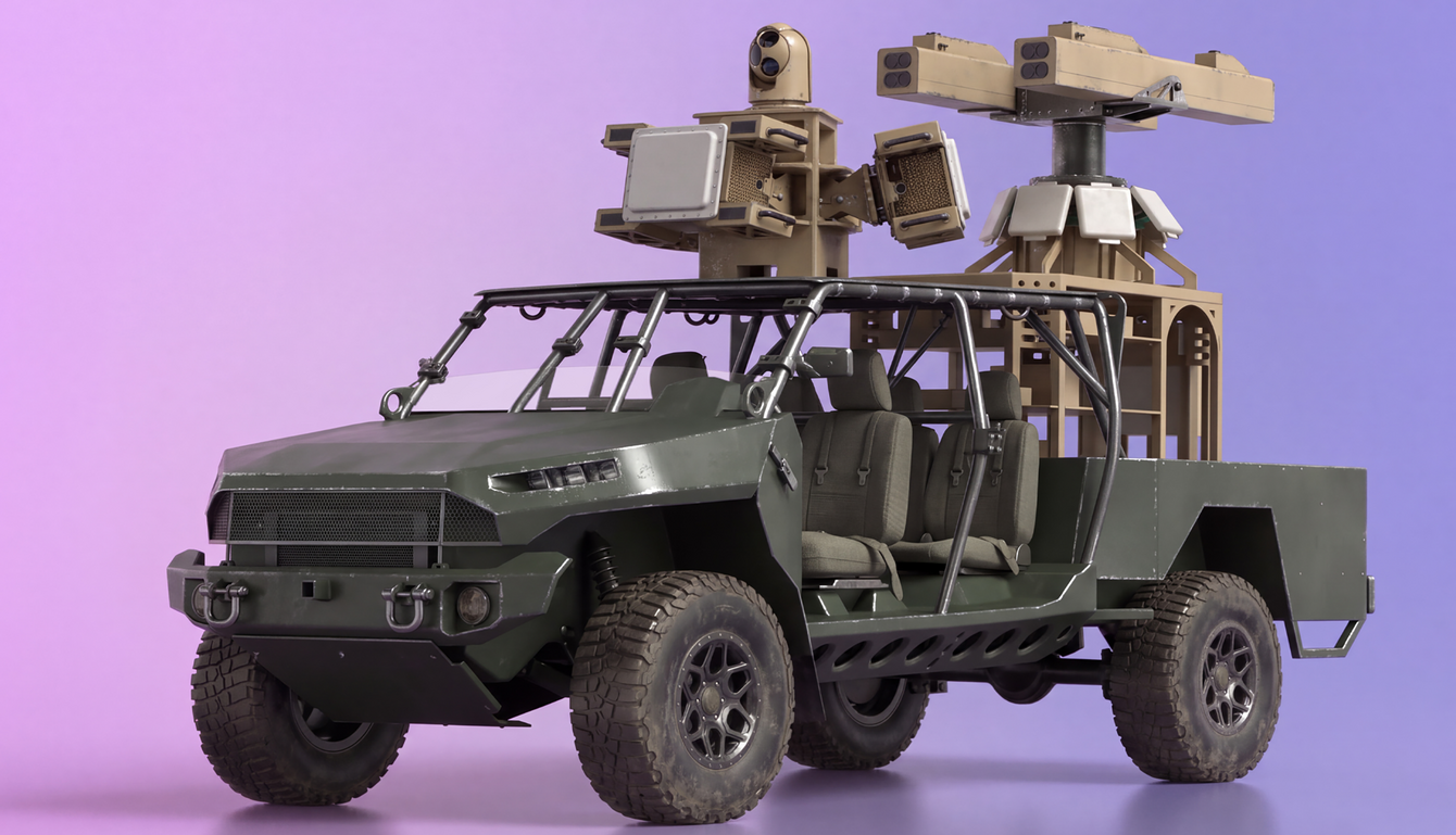 Military tactical vehicle equipped with mounted sensors and weapon systems against a purple background.