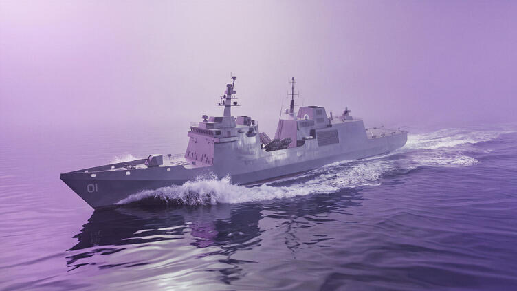 International Class Frigate (ICF) war ship in water against a purple background