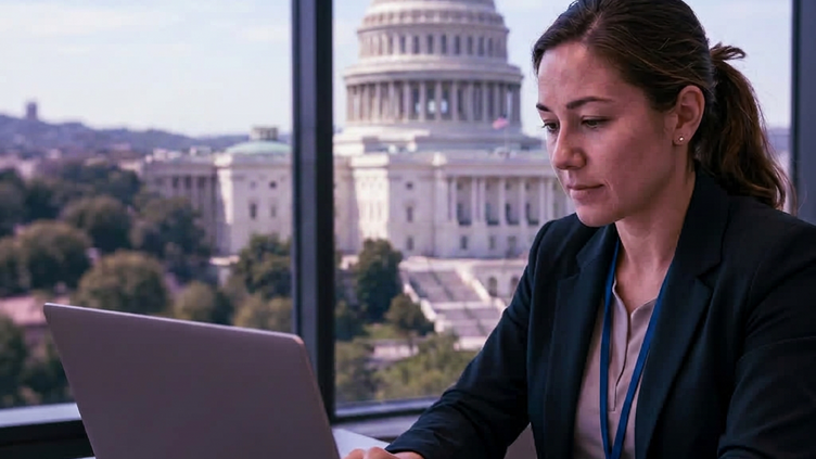 Woman working on a laptop with the White House in the background.