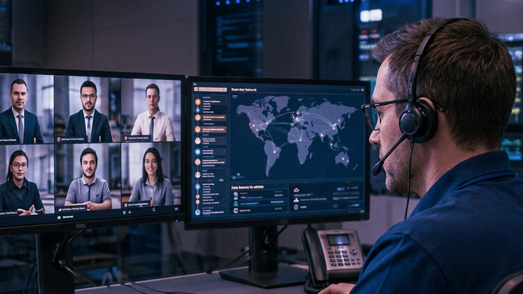 Man with a headset sitting in front of dual monitors with map and video conference imagery.