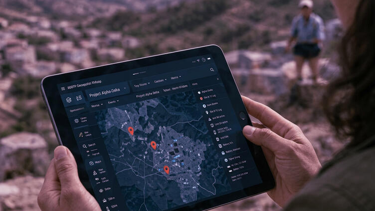 Woman on a tablet in a rough terrain, viewing map data and analytics