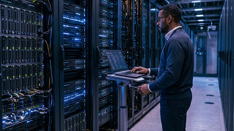 Gentleman standing by a laptop in a room full of servers
