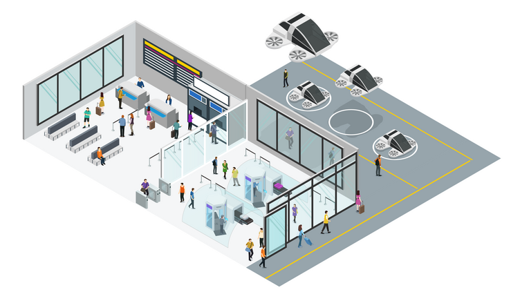 airport 3d model with futuristic air crafts