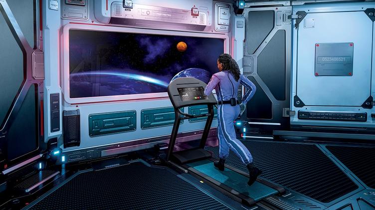 astronaut running on treadmill in space