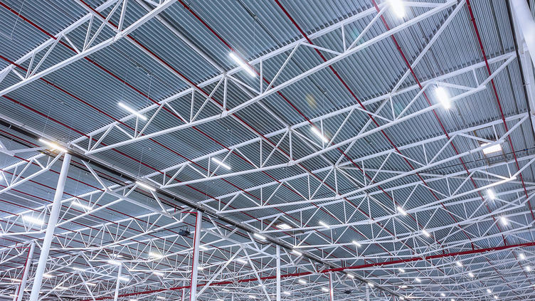 Lit warehouse ceiling