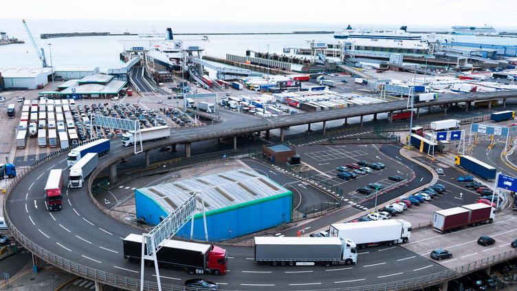 busy UK port with lorries