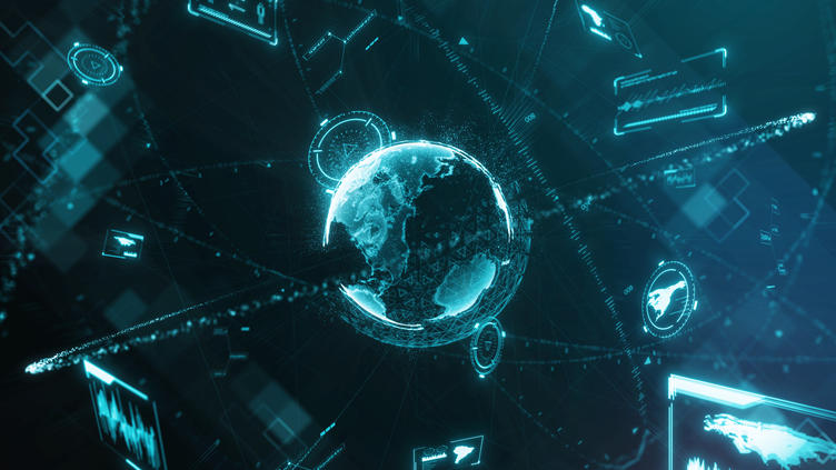 Glowing particle earth and orbital data network