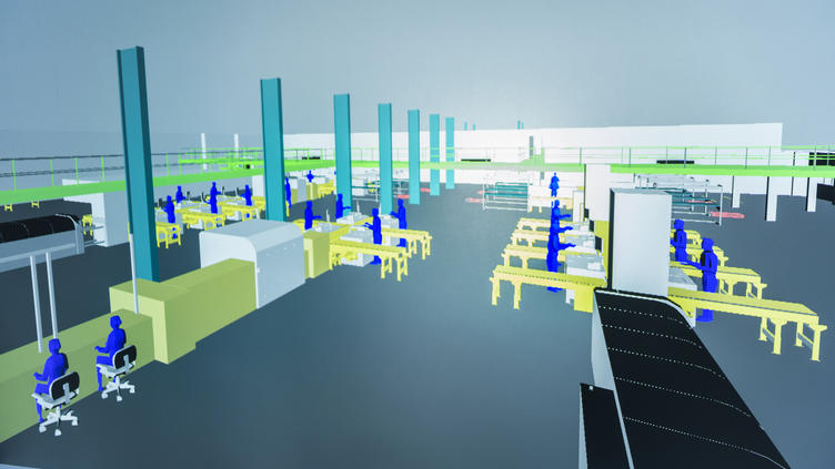 Factory screen graphic in 3D virtual reality suite