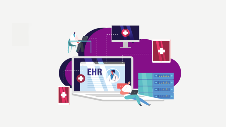 Illustration of a connected set of healthcare systems to depict the importance of electronic health records